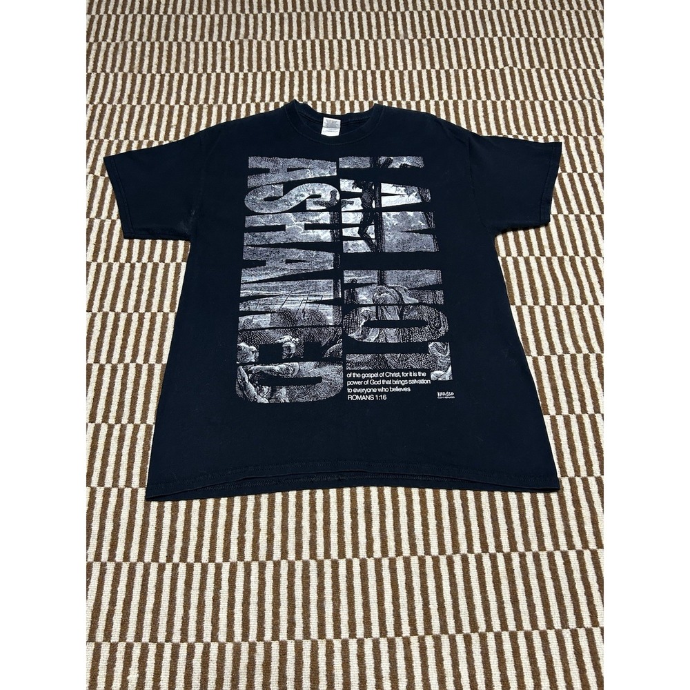 Y2K Kerusso Jesus Cross Romans I Am Not Ashamed Black T-Shirt size Large Mens